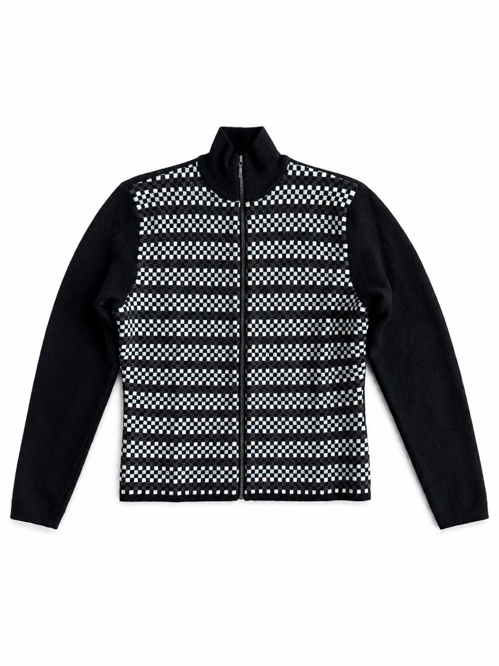 J. Crew Merino Wool Checkered Full Zip Sweater Jacket Black Gray Size Medium